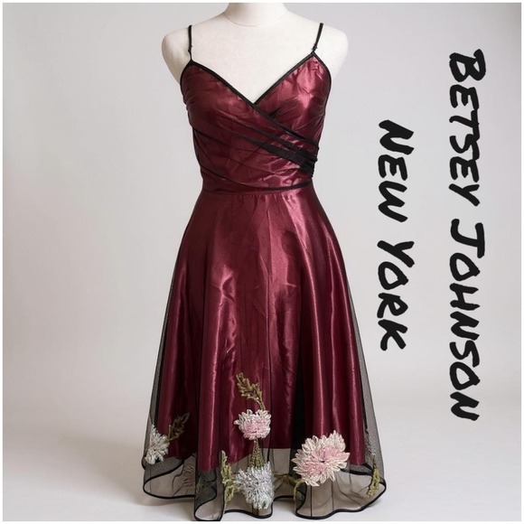 Betsey Johnson RARE**Sz 4 Mesh Floral Embroidery Wrap Retro Glam Dress  VINTAGE!
